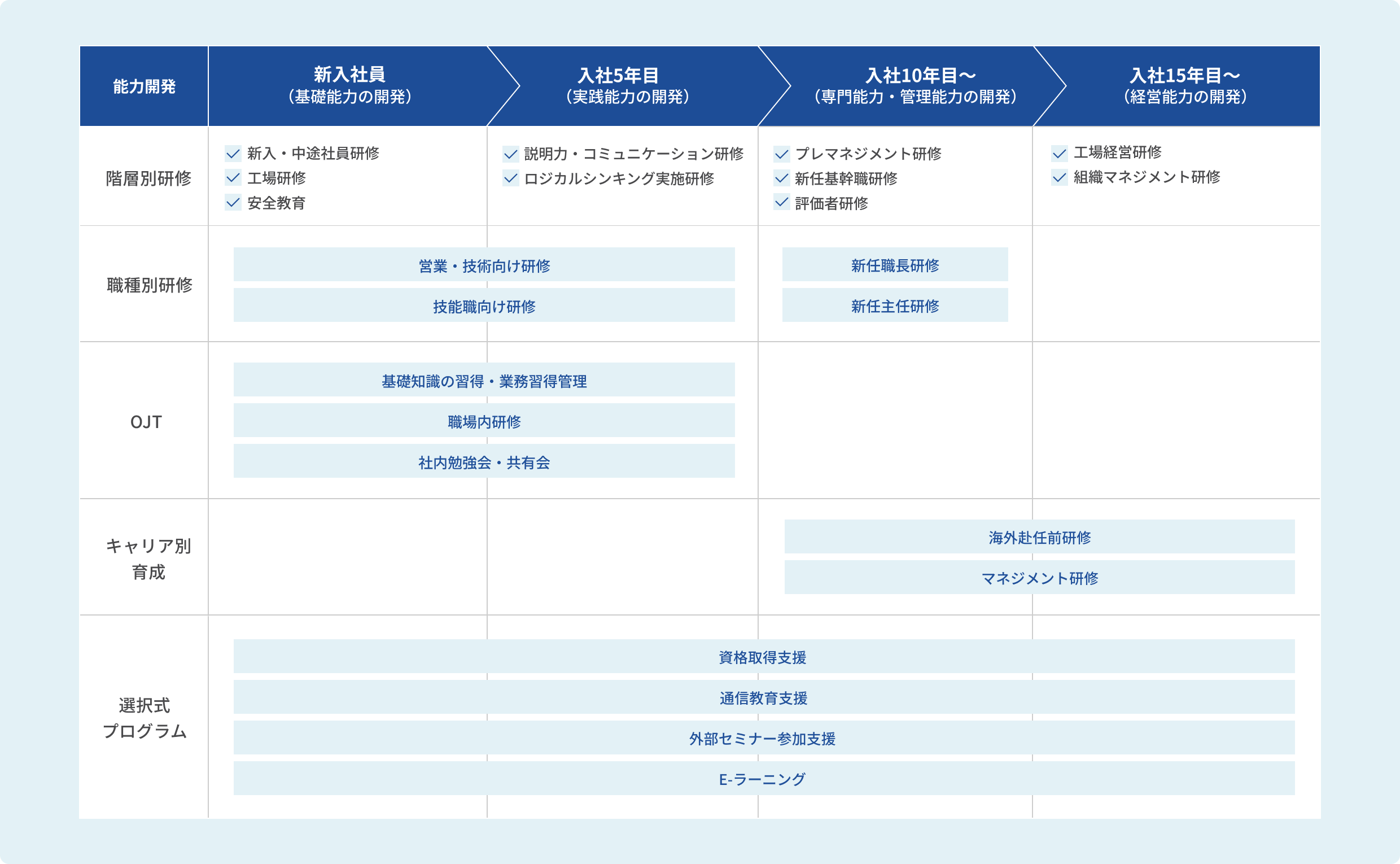 教育制度のスケジュール表。新入社員から入社15年目以降までの階層別研修、職種別研修、OJT、キャリア別育成、選択式プログラムの体系図